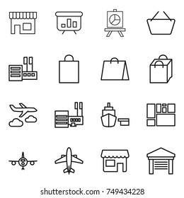 thin line icon set : shop, presentation, basket, store, shopping bag, journey, mall, port, consolidated cargo, plane, airplane, garage