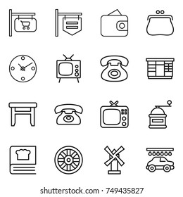 thin line icon set : shop signboard, wallet, purse, clock, tv, phone, wardrobe, stool, hand mill, cooking book, wheel, windmill, car wash
