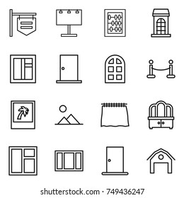 thin line icon set : shop signboard, billboard, abacus, building, window, door, arch, vip fence, photo, landscape, curtain, dresser, barn
