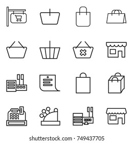 thin line icon set : shop signboard, basket, shopping bag, delete cart, store, list, cashbox, mall