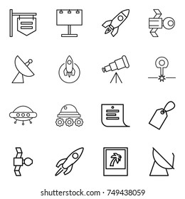 thin line icon set : shop signboard, billboard, rocket, satellite, antenna, telescope, laser, ufo, lunar rover, shopping list, label, photo