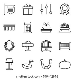 thin line icon set : shop signboard, gift, equalizer, medal, bridge, building, fountain, flower bed, hawaiian wreath, restaurant, dresser, crib, floor lamp, goose, horseshoe, pumpkin