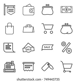 thin line icon set : shop signboard, wallet, purse, money, shopping bag, cart, list, sale, percent, cashbox, atm receipt, label