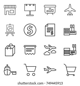thin line icon set : shop, billboard, presentation, plane, dollar coin, account balance, store, shopping bag, atm receipt, journey, mall, port, cart