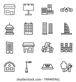 thin line icon set : shop, billboard, store, drawbridge, goverment house, building, skyscrapers, skyscraper, modern architecture, palace, outdoor light, taxi, garden cleaning