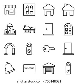 thin line icon set : shop, wc, home, mansion, house with garage, door, arch window, do not distrub, key, bell, welcome mat, please clean