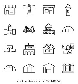 thin line icon set : shop, lighthouse, tower, castle, bridge, cottage, hangare, block wall, factory, house, architector, greenhouse, warehouse, grain elevator