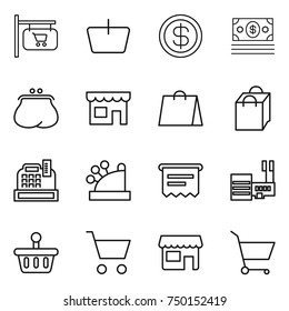 thin line icon set : shop signboard, basket, dollar, money, purse, shopping bag, cashbox, atm receipt, mall, cart