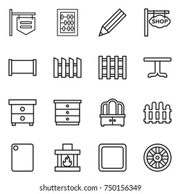 thin line icon set : shop signboard, abacus, pencil, fence, pallet, table, nightstand, chest of drawers, dresser, cutting board, fireplace, wheel