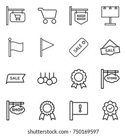thin line icon set : shop signboard, cart, billboard, flag, sale, medal, store, important