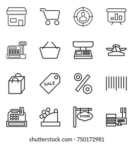 thin line icon set : shop, cart, target audience, presentation, cashbox, basket, market scales, shopping bag, sale label, percent, bar code, store signboard, mall