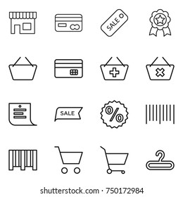 thin line icon set : shop, card, sale, medal, basket, credit, add to, delete cart, shopping list, percent, bar code, hanger