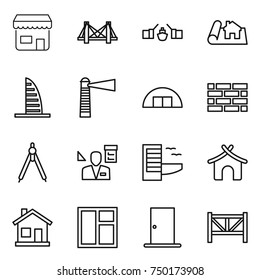 thin line icon set : shop, bridge, drawbridge, project, skyscraper, lighthouse, hangare, brick wall, drawing compasses, architector, hotel, bungalow, home, window, door, farm fence