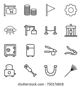 thin line icon set : shop signboard, coin stack, flag, gear, ufo, loading, vip fence, detector, safe, fridge, garlic clasp, walnut crack, toaster, blender, horseshoe, rake