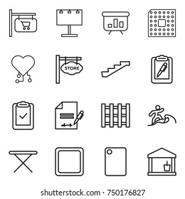 thin line icon set : shop signboard, billboard, presentation, cpu, cardio chip, store, stairs, clipboard pen, check, inventory, pallet, surfer, iron board, cutting, utility room