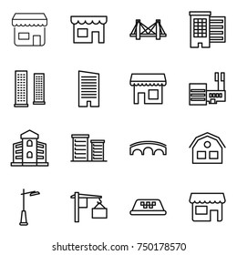 thin line icon set : shop, bridge, houses, skyscrapers, skyscraper, mall, building, district, house, outdoor light, loading, taxi