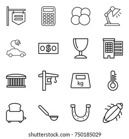 thin line icon set : shop signboard, calculator, atom core, table lamp, electric car, money, wineglass, houses, airport building, tower crane, heavy, thermometer, toaster, ladle, horseshoe, bug