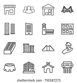 thin line icon set : shop, group, warehouse, bridge, skyscrapers, skyscraper, church, modular house, brick, district, pyramid, real estate, stadium, office, bungalow, antique column