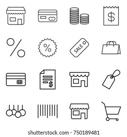 thin line icon set : shop, card, coin stack, receipt, percent, sale, shopping bag, credit, account balance, label, bar code, cart