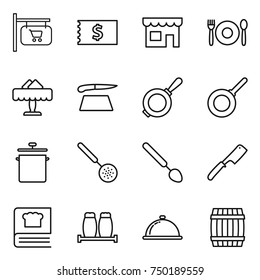 thin line icon set : shop signboard, receipt, cafe, restaurant, cutting board, pan, skimmer, big spoon, chef knife, cooking book, salt pepper, meal cap, barrel