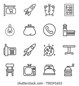 thin line icon set : shop signboard, rocket, alarm clock, abacus, purse, phone, church, disco ball, table, chair, tv, kettle, hand mill