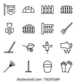thin line icon set : shop signboard, greenhouse, fence, perishable, watering, fork, rake, wheelbarrow, scarecrow, sow, bucket, gloves