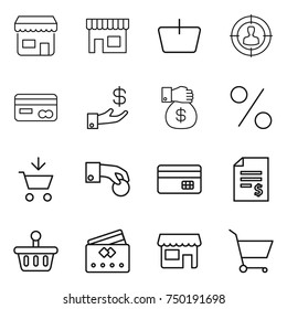thin line icon set : shop, basket, target audience, card, investment, money gift, percent, add to cart, hand coin, credit, account balance