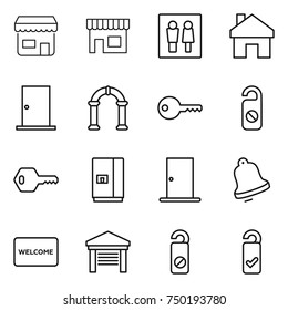 thin line icon set : shop, wc, home, door, arch, key, do not distrub, fridge, bell, welcome mat, garage, please clean