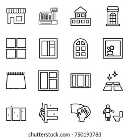 thin line icon set : shop, cashbox, cottage, building, window, arch, flower in, curtain, clean floor, skyscrapers cleaning, wiping, toilet