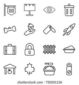 thin line icon set : shop signboard, billboard, eye, bin, bone, real estate, label, rocket, suitcase, locked, radiator, washing, warehouse, maple leaf, powder, do not distrub