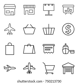thin line icon set : shop, billboard, presentation, plane, basket, dollar coin, shopping bag, atm receipt, port, airplane, cart, garage