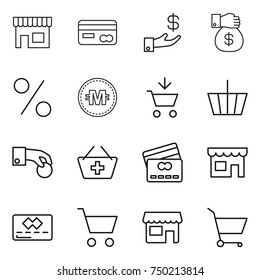 thin line icon set : shop, card, investment, money gift, percent, crypto currency, add to cart, basket, hand coin, credit