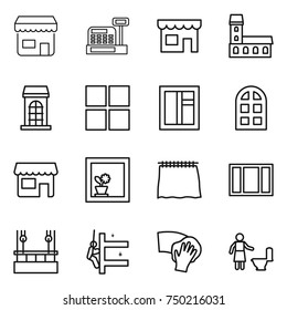 thin line icon set : shop, cashbox, mansion, building, window, arch, flower in, curtain, skysrcapers cleaning, skyscrapers, wiping, toilet