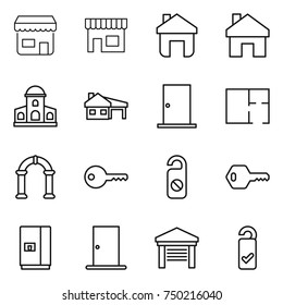 thin line icon set : shop, home, mansion, house with garage, door, plan, arch, key, do not distrub, fridge, please clean