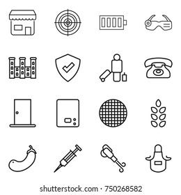 thin line icon set : shop, target, battery, smart glasses, palace, protected, passenger, phone, door, kitchen scales, sieve, spikelets, eggplant, syringe, blower, apron