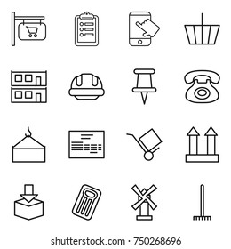 thin line icon set : shop signboard, clipboard, touch, basket, modular house, building helmet, pin, phone, loading crane, invoice, trolley, cargo top sign, package, inflatable mattress, windmill
