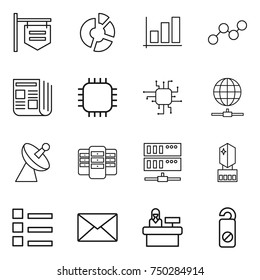 thin line icon set : shop signboard, circle diagram, graph, newspaper, chip, globe connect, satellite antenna, server, crystall memory, list, mail, reception, do not distrub