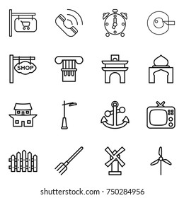 thin line icon set : shop signboard, call, alarm clock, cell corection, column, arch, minaret, japanese house, outdoor light, anchor, tv, fence, fork, windmill