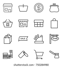 thin line icon set : shop, basket, dollar, purse, delete cart, market, shopping bag, sale, cashbox, store signboard, mall, label, turk
