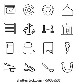 thin line icon set : shop signboard, around gear, loading crane, rack, anchor, vip fence, detector, fridge, toaster, kitchen scales, handle, garlic clasp, walnut crack, ladle, horseshoe