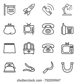 thin line icon set : shop signboard, rocket, call, table lamp, purse, tv, phone, curtain, dresser, kettle, walnut crack, sickle, horseshoe