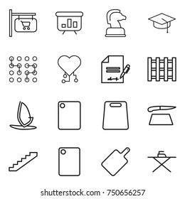thin line icon set : shop signboard, presentation, chess horse, graduate hat, chip, cardio, inventory, pallet, windsurfing, cutting board, stairs, iron