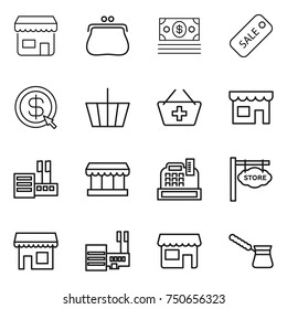 thin line icon set : shop, purse, money, sale, dollar arrow, basket, add to, store, market, cashbox, signboard, mall, turk