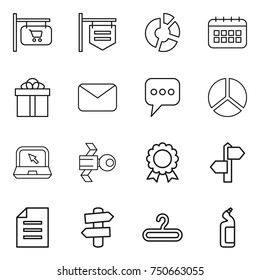thin line icon set : shop signboard, circle diagram, calendar, gift, mail, message, notebook, satellite, medal, signpost, document, hanger, toilet cleanser