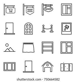 thin line icon set : shop signboard, window, door, arch, vip fence, photo, landscape, curtain, rack, barn, clean