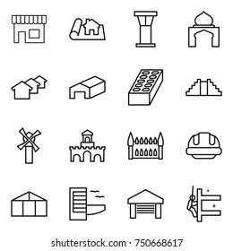 thin line icon set : shop, project, airport tower, minaret, houses, warehouse, brick, pyramid, windmill, fort, gothic architecture, building helmet, greenhouse, hotel, garage, skyscrapers cleaning