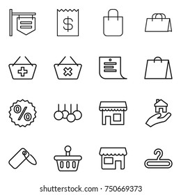 thin line icon set : shop signboard, receipt, shopping bag, add to basket, delete cart, list, percent, sale, real estate, label, hanger