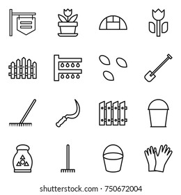 thin line icon set : shop signboard, flower, greenhouse, perishable, fence, watering, seeds, shovel, rake, sickle, bucket, fertilizer, gloves