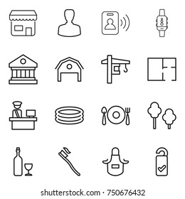 thin line icon set : shop, man, pass card, smart watch, library, barn, tower crane, plan, customs control, inflatable pool, fork spoon plate, trees, wine, tooth brush, apron, please clean