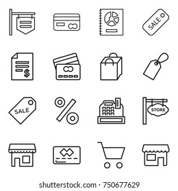 thin line icon set : shop signboard, card, annual report, sale, account balance, credit, shopping bag, label, percent, cashbox, store, cart